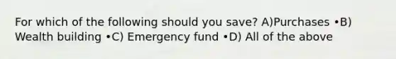 For which of the following should you save? A)Purchases •B) Wealth building •C) Emergency fund •D) All of the above