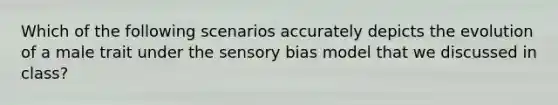 Which of the following scenarios accurately depicts the evolution of a male trait under the sensory bias model that we discussed in class?