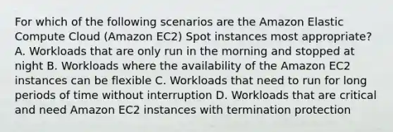 For which of the following scenarios are the Amazon Elastic Compute Cloud (Amazon EC2) Spot instances most appropriate? A. Workloads that are only run in the morning and stopped at night B. Workloads where the availability of the Amazon EC2 instances can be flexible C. Workloads that need to run for long periods of time without interruption D. Workloads that are critical and need Amazon EC2 instances with termination protection