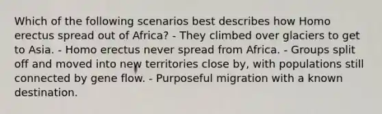 Which of the following scenarios best describes how Homo erectus spread out of Africa? - They climbed over glaciers to get to Asia. - Homo erectus never spread from Africa. - Groups split off and moved into new territories close by, with populations still connected by gene flow. - Purposeful migration with a known destination.