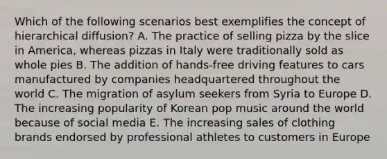 Which of the following scenarios best exemplifies the concept of hierarchical diffusion? A. The practice of selling pizza by the slice in America, whereas pizzas in Italy were traditionally sold as whole pies B. The addition of hands-free driving features to cars manufactured by companies headquartered throughout the world C. The migration of asylum seekers from Syria to Europe D. The increasing popularity of Korean pop music around the world because of social media E. The increasing sales of clothing brands endorsed by professional athletes to customers in Europe