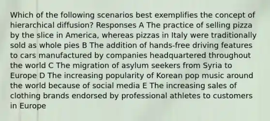 Which of the following scenarios best exemplifies the concept of hierarchical diffusion? Responses A The practice of selling pizza by the slice in America, whereas pizzas in Italy were traditionally sold as whole pies B The addition of hands-free driving features to cars manufactured by companies headquartered throughout the world C The migration of asylum seekers from Syria to Europe D The increasing popularity of Korean pop music around the world because of social media E The increasing sales of clothing brands endorsed by professional athletes to customers in Europe