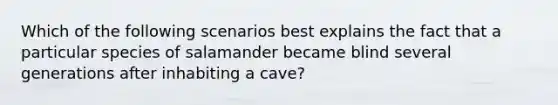 Which of the following scenarios best explains the fact that a particular species of salamander became blind several generations after inhabiting a cave?