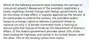 Which of the following scenarios best illustrates the concept of concurrent powers? Responses A The president negotiates a treaty regarding climate change with foreign governments, but for the treaty to take effect, it requires approval by the Senate. B As commander-in-chief of the military, the president orders troops to a foreign nation to address a potential threat to national security. C A Senate committee holds a hearing to discuss potential misuse of funds by the Department of Veterans Affairs. D The federal government provides about 25% of the total funding for highways and transit in the United States, while the other 75% of the funding comes from states.