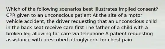 Which of the following scenarios best illustrates implied consent? CPR given to an unconscious patient At the site of a motor vehicle accident, the driver requesting that an unconscious child in the back seat receive care first The father of a child with a broken leg allowing for care via telephone A patient requesting assistance with prescribed nitroglycerin for chest pain