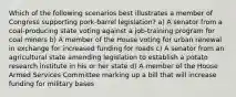 Which of the following scenarios best illustrates a member of Congress supporting pork-barrel legislation? a) A senator from a coal-producing state voting against a job-training program for coal miners b) A member of the House voting for urban renewal in exchange for increased funding for roads c) A senator from an agricultural state amending legislation to establish a potato research institute in his or her state d) A member of the House Armed Services Committee marking up a bill that will increase funding for military bases