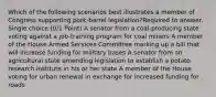 Which of the following scenarios best illustrates a member of Congress supporting pork-barrel legislation?Required to answer. Single choice.(0/1 Point) A senator from a coal-producing state voting against a job-training program for coal miners A member of the House Armed Services Committee marking up a bill that will increase funding for military bases A senator from an agricultural state amending legislation to establish a potato research institute in his or her state A member of the House voting for urban renewal in exchange for increased funding for roads