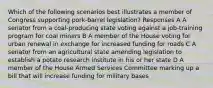 Which of the following scenarios best illustrates a member of Congress supporting pork-barrel legislation? Responses A A senator from a coal-producing state voting against a job-training program for coal miners B A member of the House voting for urban renewal in exchange for increased funding for roads C A senator from an agricultural state amending legislation to establish a potato research institute in his or her state D A member of the House Armed Services Committee marking up a bill that will increase funding for military bases