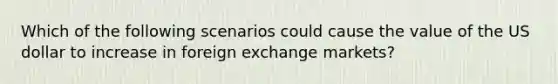 Which of the following scenarios could cause the value of the US dollar to increase in foreign exchange markets?