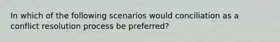 In which of the following scenarios would conciliation as a conflict resolution process be preferred?