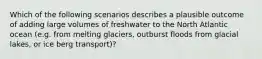 Which of the following scenarios describes a plausible outcome of adding large volumes of freshwater to the North Atlantic ocean (e.g. from melting glaciers, outburst floods from glacial lakes, or ice berg transport)?