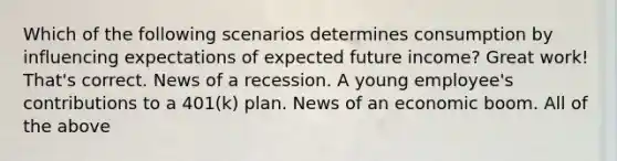 Which of the following scenarios determines consumption by influencing expectations of expected future income? Great work! That's correct. News of a recession. A young employee's contributions to a 401(k) plan. News of an economic boom. All of the above