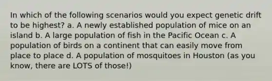 In which of the following scenarios would you expect genetic drift to be highest? a. A newly established population of mice on an island b. A large population of fish in the Pacific Ocean c. A population of birds on a continent that can easily move from place to place d. A population of mosquitoes in Houston (as you know, there are LOTS of those!)