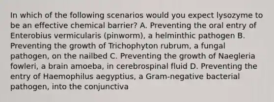 In which of the following scenarios would you expect lysozyme to be an effective chemical barrier? A. Preventing the oral entry of Enterobius vermicularis (pinworm), a helminthic pathogen B. Preventing the growth of Trichophyton rubrum, a fungal pathogen, on the nailbed C. Preventing the growth of Naegleria fowleri, a brain amoeba, in cerebrospinal fluid D. Preventing the entry of Haemophilus aegyptius, a Gram-negative bacterial pathogen, into the conjunctiva