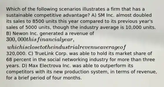 Which of the following scenarios illustrates a firm that has a sustainable competitive advantage? A) SM Inc. almost doubled its sales to 8500 units this year compared to its previous year's sales of 5000 units, though the industry average is 10,000 units. B) Newon Inc. generated a revenue of 300,000 this financial year, which is close to the industrial revenue average of320,000. C) TrueLink Corp. was able to hold its market share of 68 percent in the social networking industry for more than three years. D) Max Electrova Inc. was able to outperform its competitors with its new production system, in terms of revenue, for a brief period of four months.