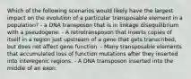 Which of the following scenarios would likely have the largest impact on the evolution of a particular transposable element in a population? - a DNA transposon that is in linkage disequilibrium with a pseudogene. - A retrotransposon that inserts copies of itself in a region just upstream of a gene that gets transcribed, but does not affect gene function. - Many transposable elements that accumulated loss of function mutations after they inserted into interegenic regions. - A DNA transposon inserted into the middle of an exon.