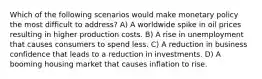 Which of the following scenarios would make monetary policy the most difficult to address? A) A worldwide spike in oil prices resulting in higher production costs. B) A rise in unemployment that causes consumers to spend less. C) A reduction in business confidence that leads to a reduction in investments. D) A booming housing market that causes inflation to rise.