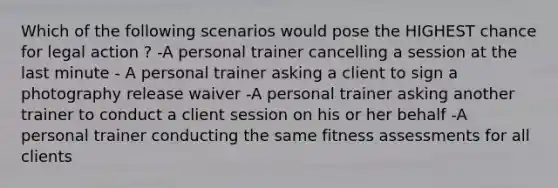 Which of the following scenarios would pose the HIGHEST chance for legal action ? -A personal trainer cancelling a session at the last minute - A personal trainer asking a client to sign a photography release waiver -A personal trainer asking another trainer to conduct a client session on his or her behalf -A personal trainer conducting the same fitness assessments for all clients