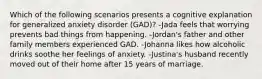 Which of the following scenarios presents a cognitive explanation for generalized anxiety disorder (GAD)? -Jada feels that worrying prevents bad things from happening. -Jordan's father and other family members experienced GAD. -Johanna likes how alcoholic drinks soothe her feelings of anxiety. -Justina's husband recently moved out of their home after 15 years of marriage.