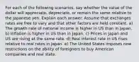 For each of the following scenarios, say whether the value of the dollar will appreciate, depreciate, or remain the same relative to the Japanese yen. Explain each answer. Assume that exchanges rates are free to vary and that other factors are held constant. a) The growth rate of national income is higher in US than in Japan. b) Inflation is higher in US than in Japan. c) Prices in Japan and US are rising at the same rate. d) Real interest rate in US rises relative to real rates in Japan. e) The United States imposes new restrictions on the ability of foreigners to buy American companies and real state.