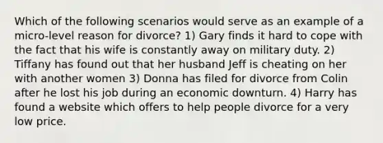 Which of the following scenarios would serve as an example of a micro-level reason for divorce? 1) Gary finds it hard to cope with the fact that his wife is constantly away on military duty. 2) Tiffany has found out that her husband Jeff is cheating on her with another women 3) Donna has filed for divorce from Colin after he lost his job during an economic downturn. 4) Harry has found a website which offers to help people divorce for a very low price.