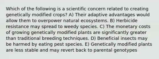 Which of the following is a scientific concern related to creating genetically modified crops? A) Their adaptive advantages would allow them to overpower natural ecosystems. B) Herbicide resistance may spread to weedy species. C) The monetary costs of growing genetically modified plants are significantly greater than traditional breeding techniques. D) Beneficial insects may be harmed by eating pest species. E) Genetically modified plants are less stable and may revert back to parental genotypes