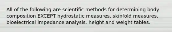 All of the following are scientific methods for determining body composition EXCEPT hydrostatic measures. skinfold measures. bioelectrical impedance analysis. height and weight tables.