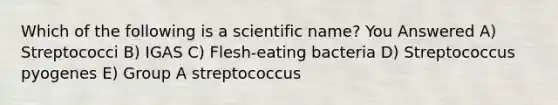 Which of the following is a scientific name? You Answered A) Streptococci B) IGAS C) Flesh-eating bacteria D) Streptococcus pyogenes E) Group A streptococcus