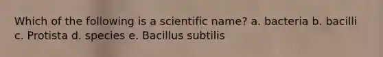 Which of the following is a scientific name? a. bacteria b. bacilli c. Protista d. species e. Bacillus subtilis