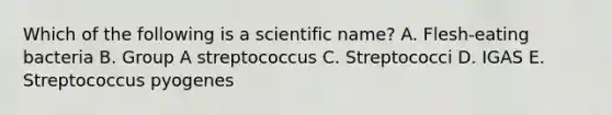 Which of the following is a scientific name? A. Flesh-eating bacteria B. Group A streptococcus C. Streptococci D. IGAS E. Streptococcus pyogenes