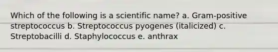 Which of the following is a scientific name? a. Gram-positive streptococcus b. Streptococcus pyogenes (italicized) c. Streptobacilli d. Staphylococcus e. anthrax