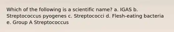 Which of the following is a scientific name? a. IGAS b. Streptococcus pyogenes c. Streptococci d. Flesh-eating bacteria e. Group A Streptococcus