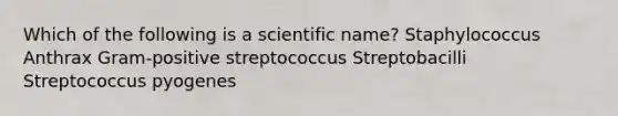 Which of the following is a scientific name? Staphylococcus Anthrax Gram-positive streptococcus Streptobacilli Streptococcus pyogenes