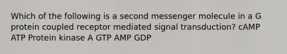 Which of the following is a second messenger molecule in a G protein coupled receptor mediated signal transduction? cAMP ATP Protein kinase A GTP AMP GDP