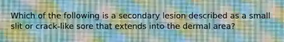 Which of the following is a secondary lesion described as a small slit or crack-like sore that extends into the dermal area?