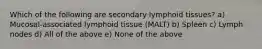 Which of the following are secondary lymphoid tissues? a) Mucosal-associated lymphoid tissue (MALT) b) Spleen c) Lymph nodes d) All of the above e) None of the above