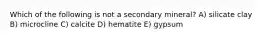Which of the following is not a secondary mineral? A) silicate clay B) microcline C) calcite D) hematite E) gypsum