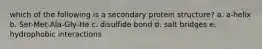 which of the following is a secondary protein structure? a. a-helix b. Ser-Met-Ala-Gly-He c. disulfide bond d. salt bridges e. hydrophobic interactions