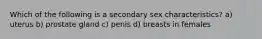Which of the following is a secondary sex characteristics? a) uterus b) prostate gland c) penis d) breasts in females