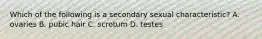 Which of the following is a secondary sexual characteristic? A. ovaries B. pubic hair C. scrotum D. testes