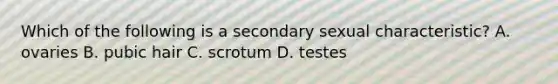 Which of the following is a secondary sexual characteristic? A. ovaries B. pubic hair C. scrotum D. testes