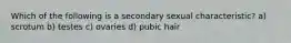 Which of the following is a secondary sexual characteristic? a) scrotum b) testes c) ovaries d) pubic hair