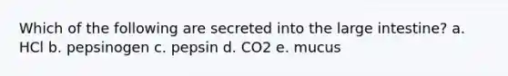 Which of the following are secreted into the large intestine? a. HCl b. pepsinogen c. pepsin d. CO2 e. mucus