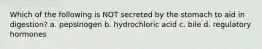 Which of the following is NOT secreted by the stomach to aid in digestion? a. pepsinogen b. hydrochloric acid c. bile d. regulatory hormones