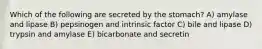 Which of the following are secreted by the stomach? A) amylase and lipase B) pepsinogen and intrinsic factor C) bile and lipase D) trypsin and amylase E) bicarbonate and secretin