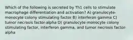 Which of the following is secreted by Th1 cells to stimulate macrophage differentiation and activation? A) granulocyte-monocyte colony stimulating factor B) interferon gamma C) tumor necrosis factor-alpha D) granulocyte-monocyte colony stimulating factor, interferon gamma, and tumor necrosis factor-alpha