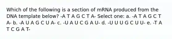 Which of the following is a section of mRNA produced from the DNA template below? -A T A G C T A- Select one: a. -A T A G C T A- b. -A U A G C U A- c. -U A U C G A U- d. -U U U G C U U- e. -T A T C G A T-