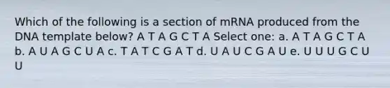 Which of the following is a section of mRNA produced from the DNA template below? A T A G C T A Select one: a. A T A G C T A b. A U A G C U A c. T A T C G A T d. U A U C G A U e. U U U G C U U