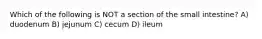 Which of the following is NOT a section of the small intestine? A) duodenum B) jejunum C) cecum D) ileum