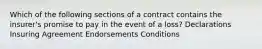 Which of the following sections of a contract contains the insurer's promise to pay in the event of a loss? Declarations Insuring Agreement Endorsements Conditions